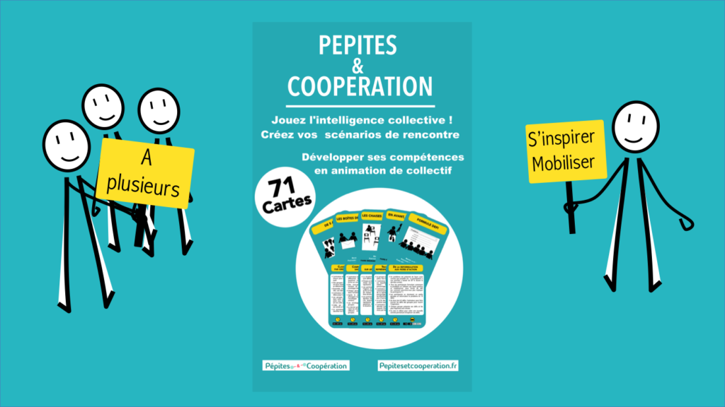 page indiquant le nom du jeu Pépites et coopération, avec 71 cartes, à plusieurs, et une pancarte "s'inspirer, mobiliser".